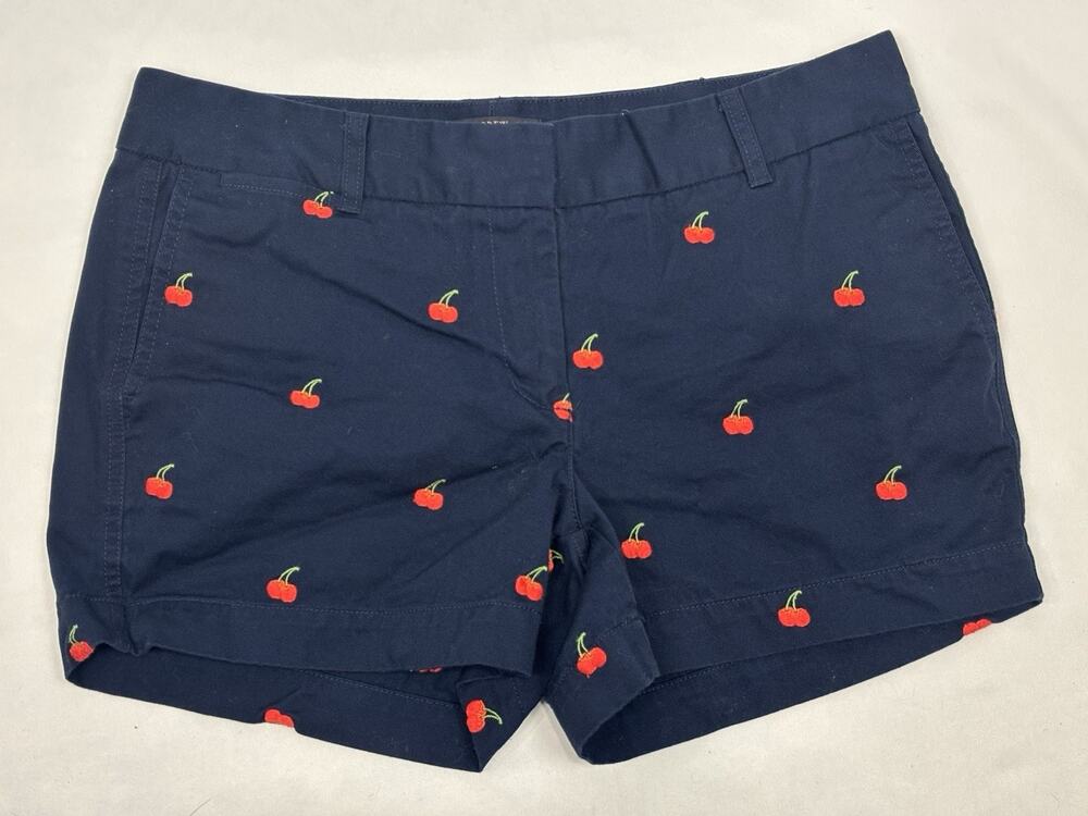 J. Crew Womenβs 6 Shorts Chino Cherry Embroidered Navy Blue Red Preppy Pockets